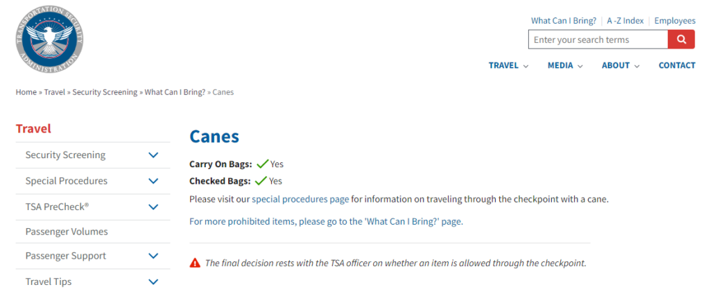 TSA guidelines for canes