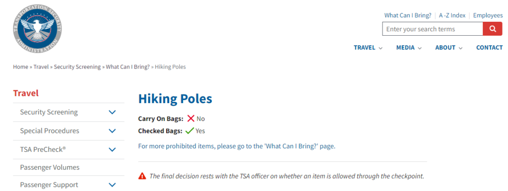 TSA hikinh poles rules