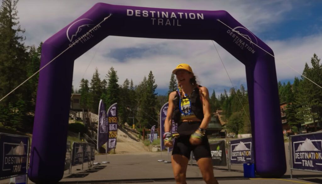 Sally McRae finishing third at the Tahoe 200 ultramarathon